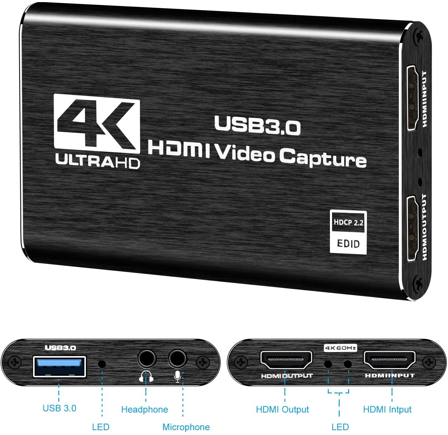 Aluminum Shell HDMI Video Capture Device 3.5mm 4K 1080p 60fps Capture Card USB3.0