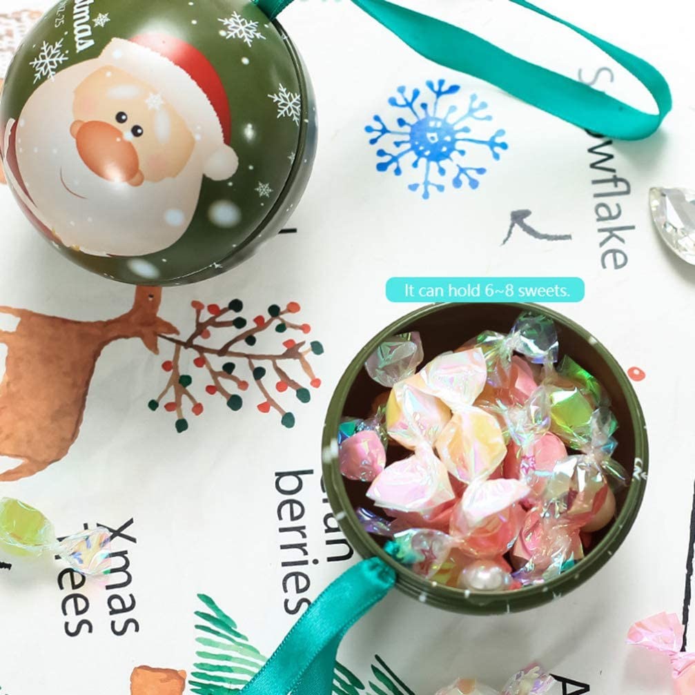 Christmas Tree Baubles Ornaments Tinplate Candy Tin Box Xmas Tree Ball Pendant Kids Holiday Surprise Gift