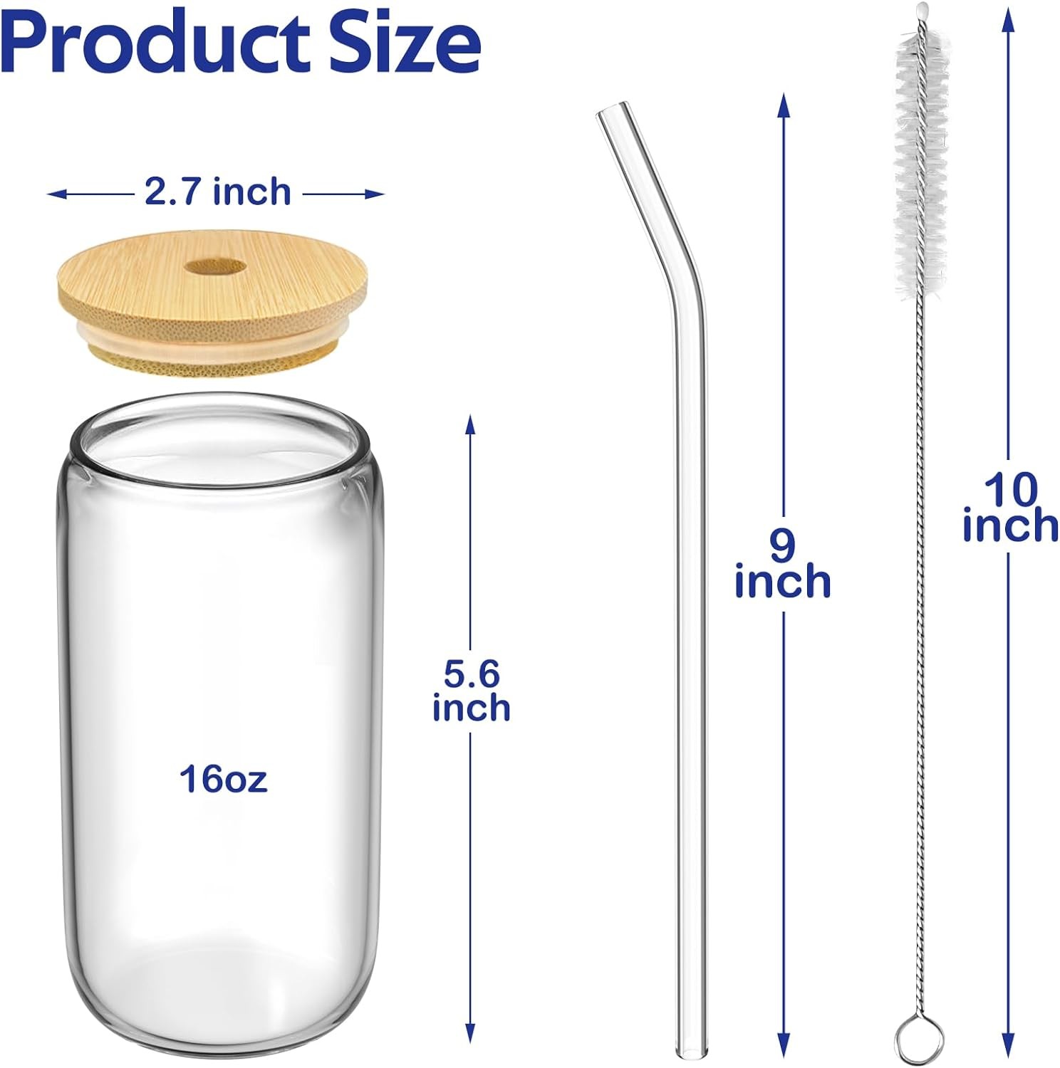 4 Set Glass Cups with Lids and Straws 16 oz, Glasses Drinking Set, Iced Coffee Cup with Bamboo Lids,