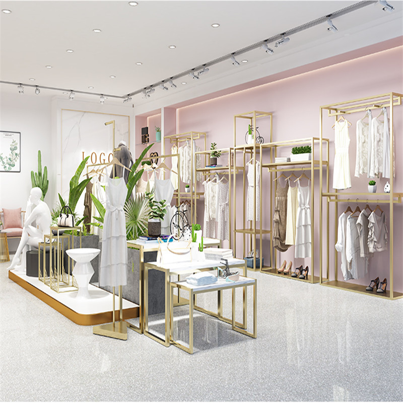 Clothing Shop Gold Stainless Steel Floor Stand High End Store Clothes Display Shelves