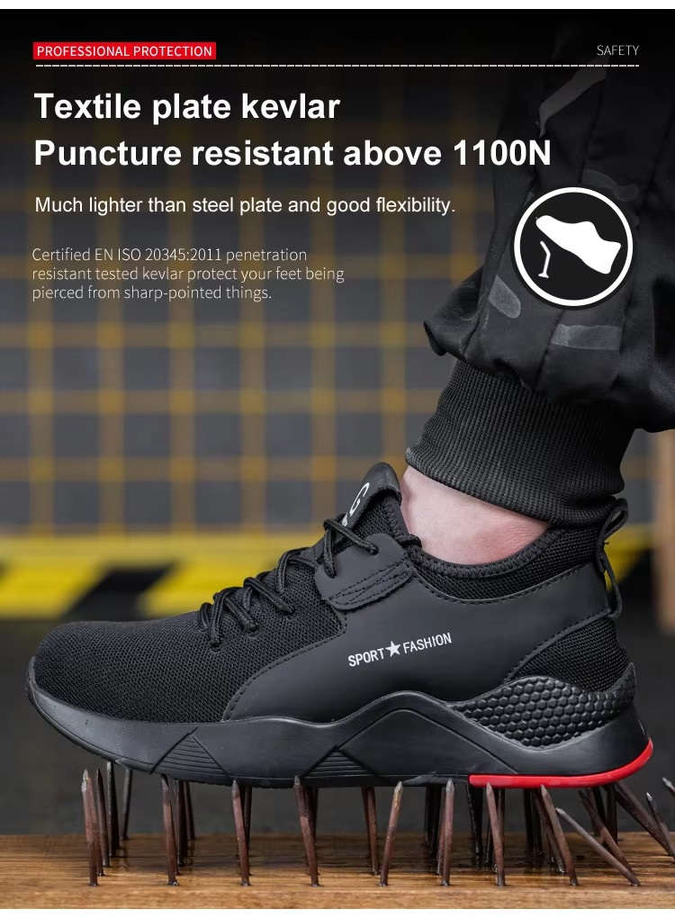 Black Men'S Casual Steel Toe Work Shoes , Sports Safety Shoes With Knitted Fabric Upper