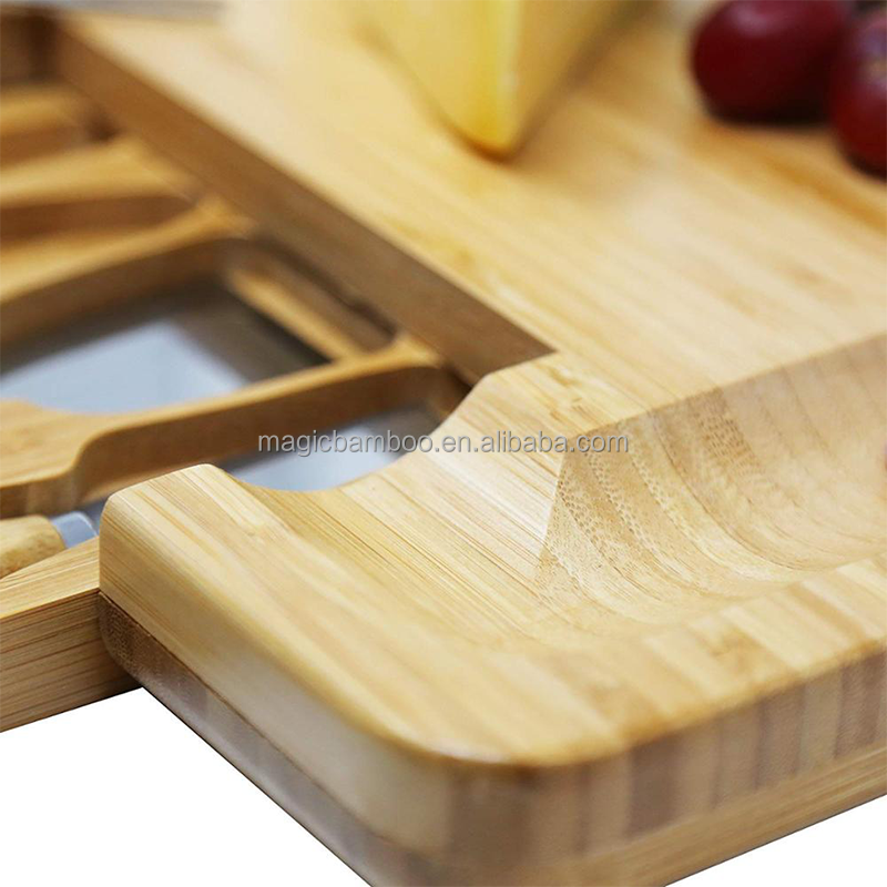Custom Logo Rectangle Bamboo Meat Charcuterie Cheese Board with Knives Durable Knives