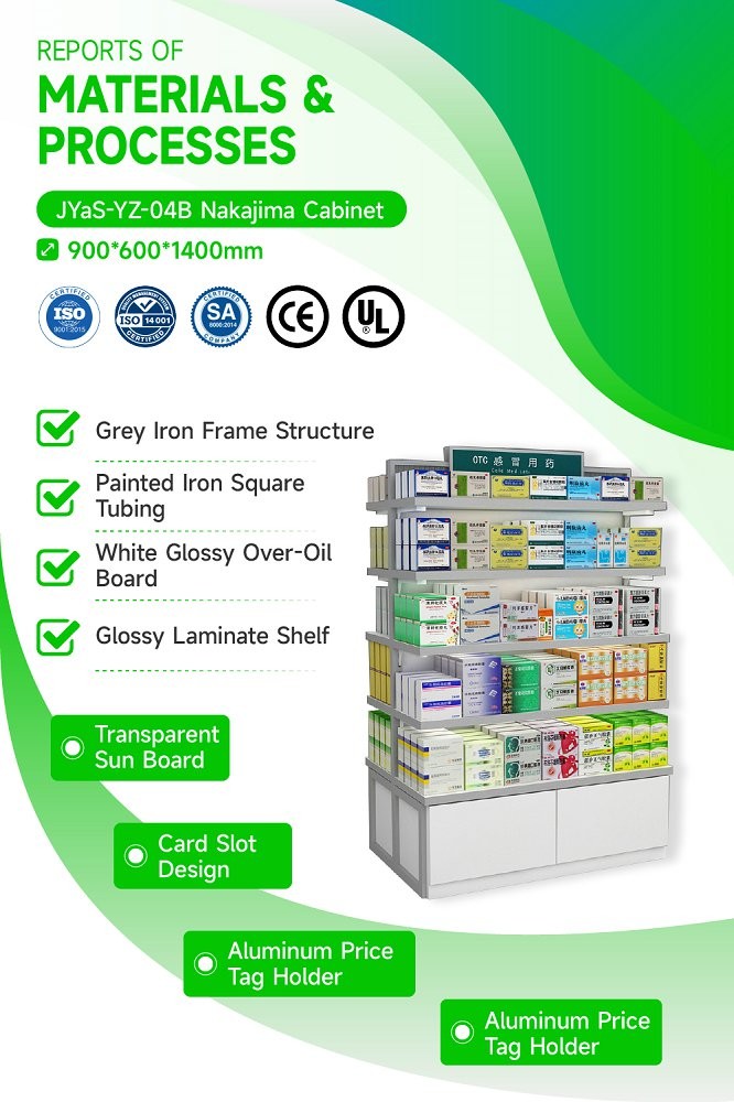 JYaS-YZ-04B Minimalist Modern Style Pharmacy Center Cabinet With White Glossy Boards And Aluminum Price Tag Slot