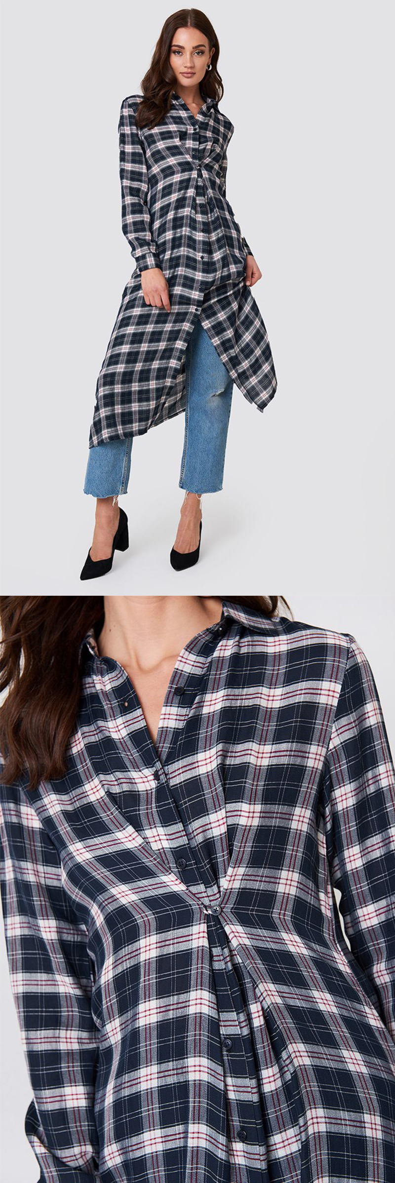 2019 New Arrivals Buttoned Asymmetric Shirt Dress Blue Dress Autumn Women