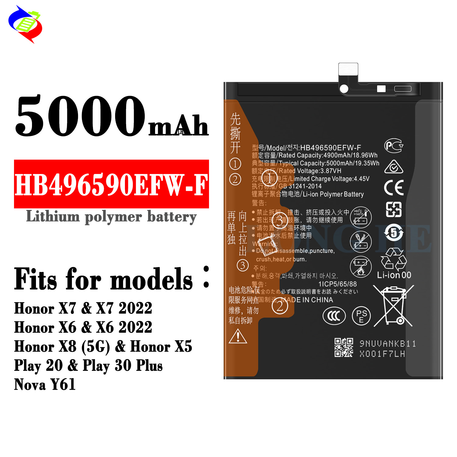 Stock 3.87V 4900mAh HB496590EFW-F Lithium Ion Battery for Huawei Mobile Replacement