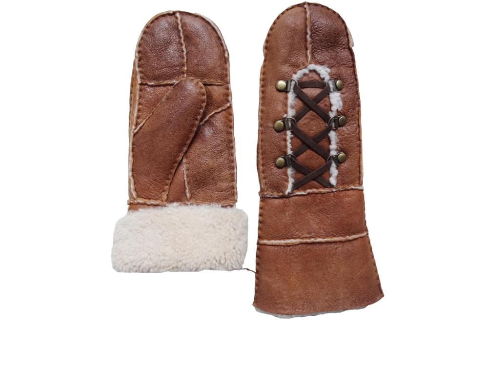 Wholesale Cheap Handsewn Patched Shearling Sheep Fur Lined Women Gloves Winter Warm Lambskin Scrap Leather Ladies Mitten