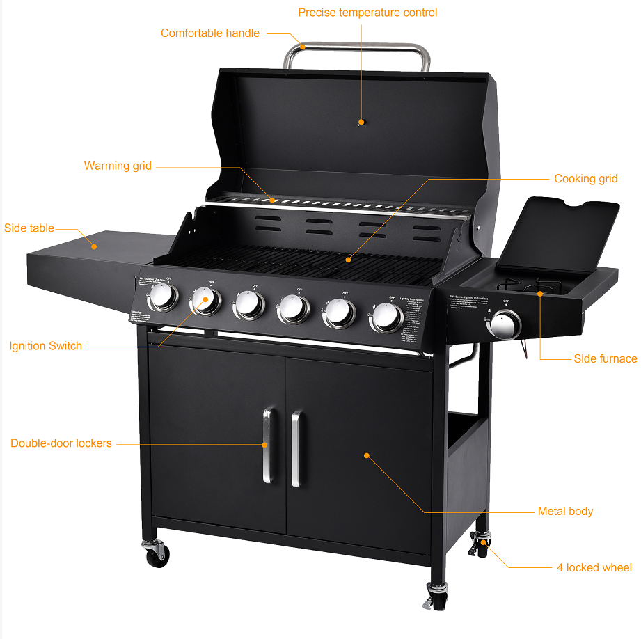 Indoor and Outdoor Multi-Stage Regulation 3 Burner Black Commercial Gas Bbq Grill Machine