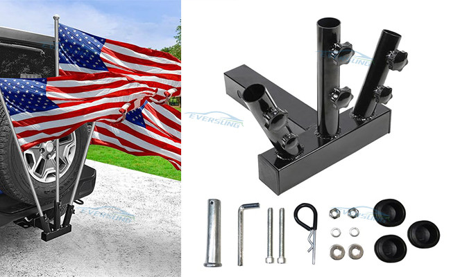 Security Design Triple Flag Pole Holder Hitch Universal For Jeep SUV RV Pickup