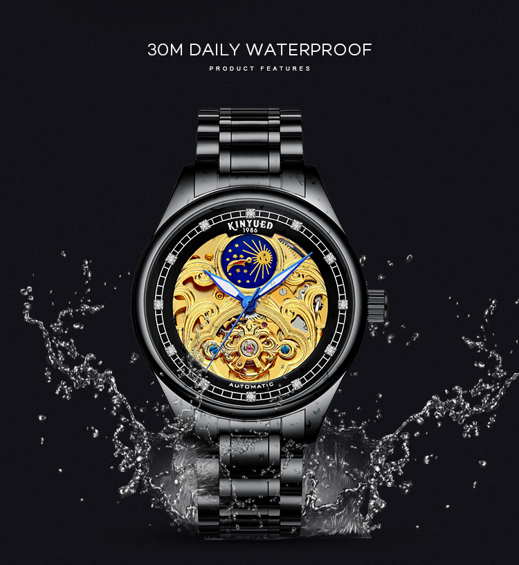 KINYUED popular stainless steel classical automatic luminous hands mens automatic skeleton watch