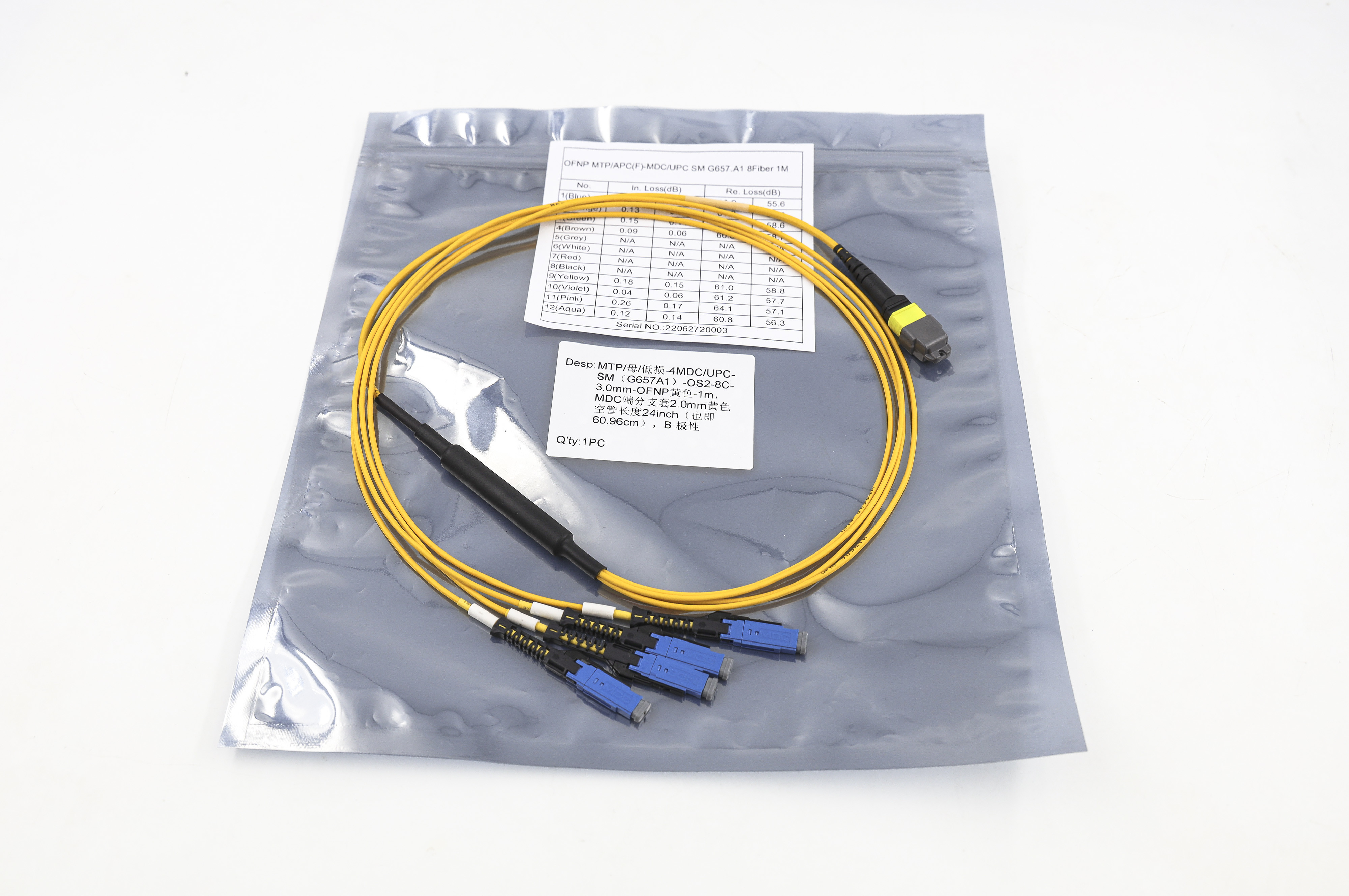 Os2 9/125 Single Mode Breakout Cable 4 Mdc Upc Duplex To Mtp-8 Elite Polarity B