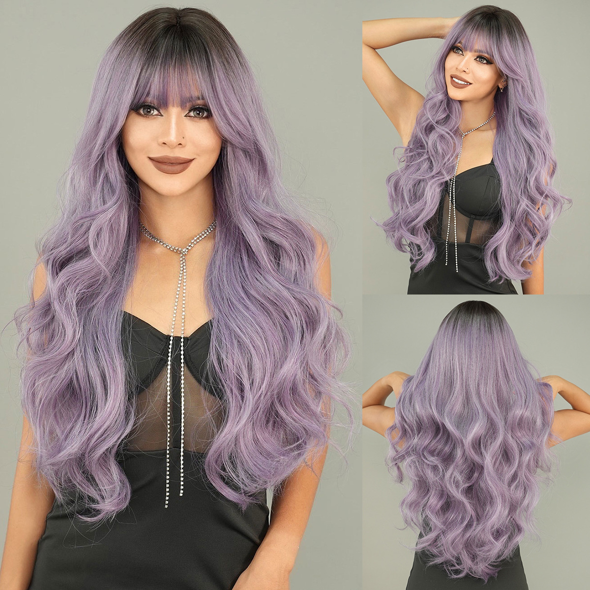 Fashion Long Body Wave Dark Root Hair Purple Synthetic Wigs For Women