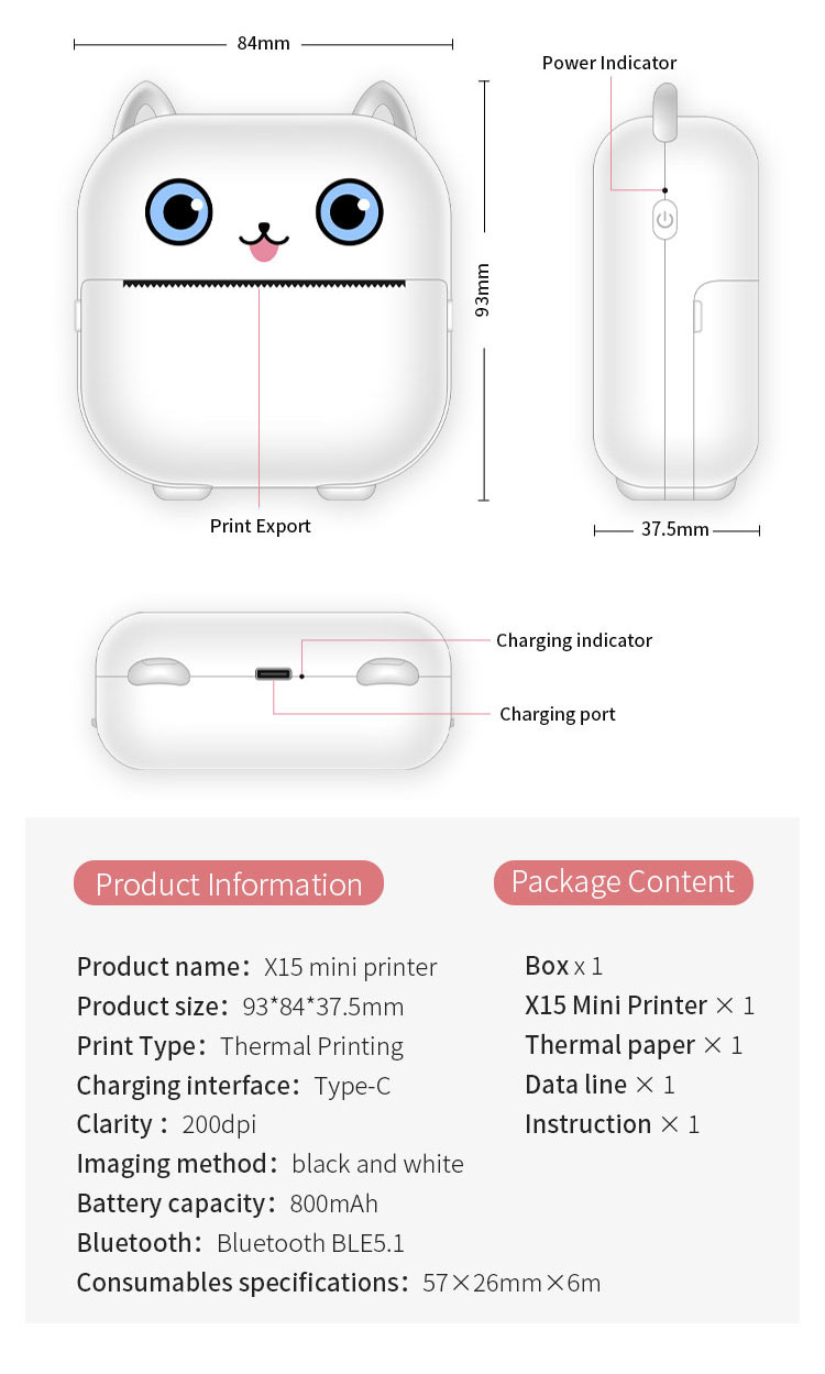 Wireless Pocket Thermal Mini Inkless Printer Adhesive Sticker For IPhone Android