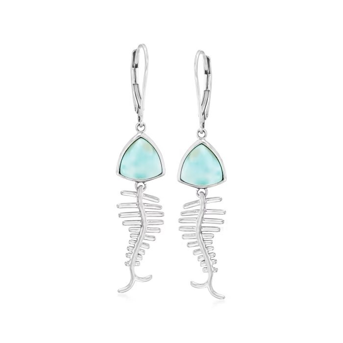 Larimar Fish Bone Drop Unique Gems Earrings in Sterling Silver