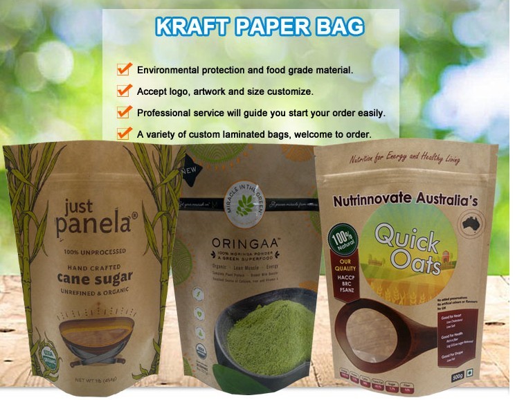 Eco friendly stand up food plastic paper bag pouch custom bag made of kraft paper with window