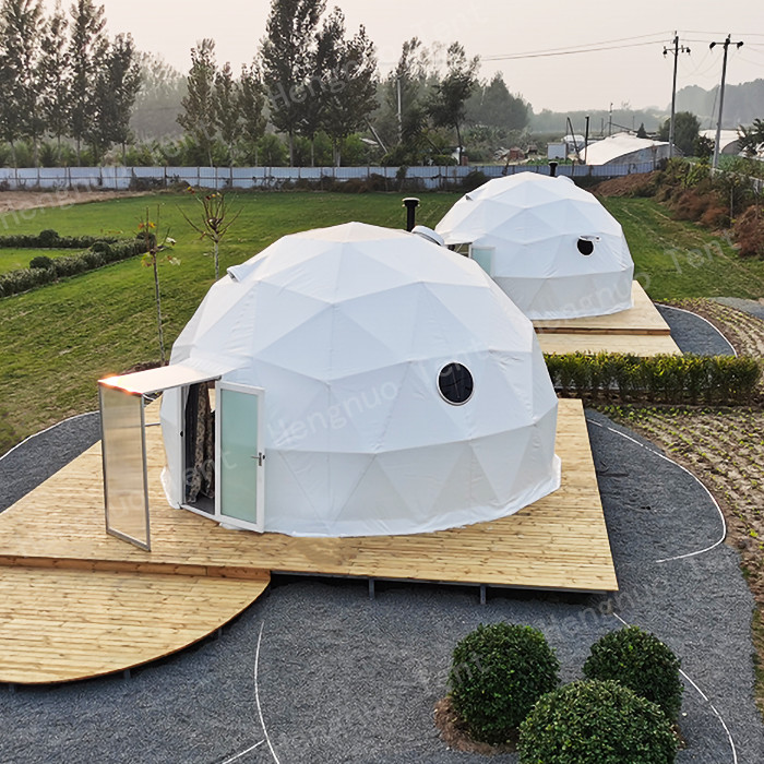 White PVC Cover Steel Frame Geodesic Dome Tent With Bathroom Diameter 6m
