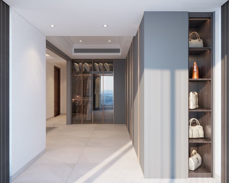 Modern Meridian Gray L Shaped Bedroom Wardrobe With Customized Storage Zones