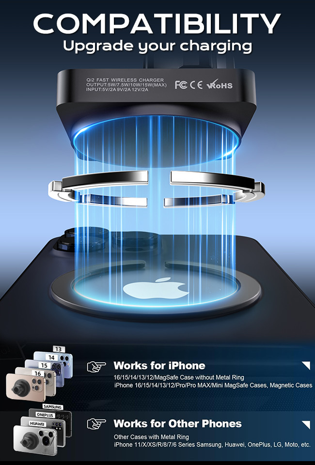 QI2 One-Piece Stretched All-Metal Design Car Magnetic Wireless Charger With 9 Light Colors And Projection Ambient Light