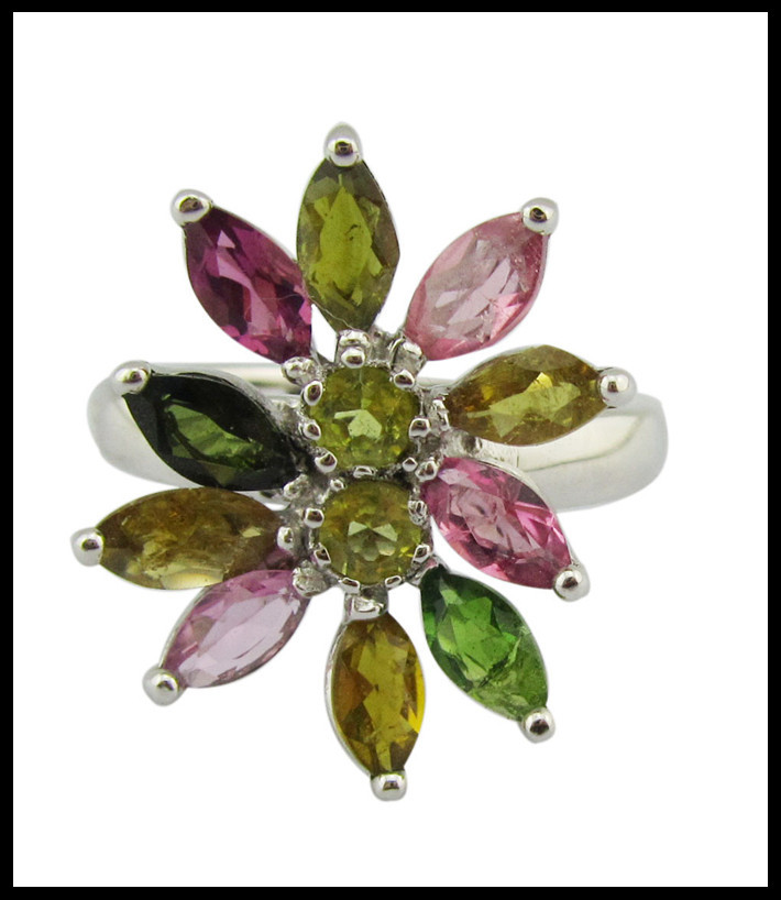 Elegant Round YG Plating Tourmaline Gemstone Rings 925 Silver Rings For Women Sterling Silver Promise Rings