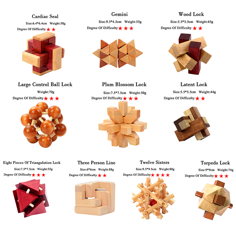 Wooden Kong Ming Puzzles Set Luban Lock IQ Puzzle Game for Adult Kids Time Killer Brain Teaser 3 Levels Degree Game Toy