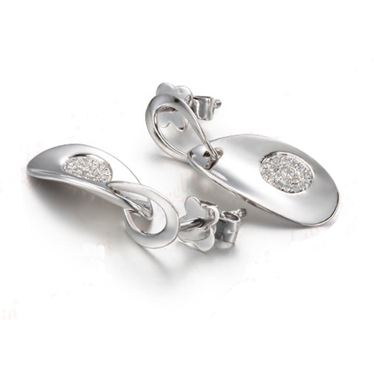 18K White Gold Oval Link Pendant with Diamonds Dangle Earrings (GDE020)
