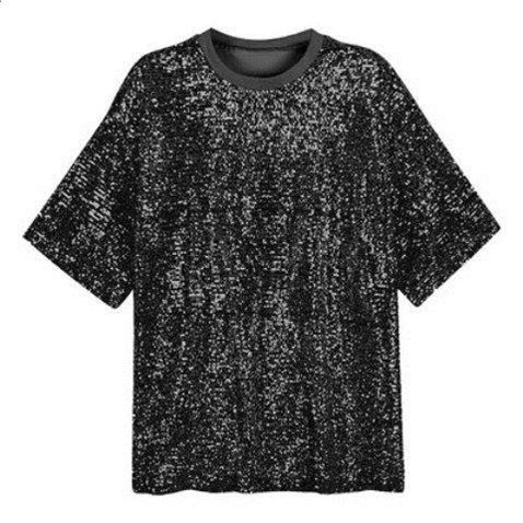 Bulk Mens Sequin T Shirt , Polyeste Back Zipper Metallic Silver T Shirt