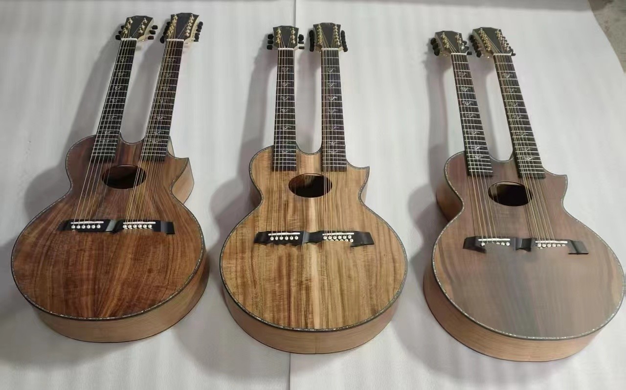IN STOCK, Custom Taylor Style Double Neck Richie Sambora Signature KOA Wood 6+12 Strings Acoustic Guitar with Ebony Fingerboard in Matte Finishing
