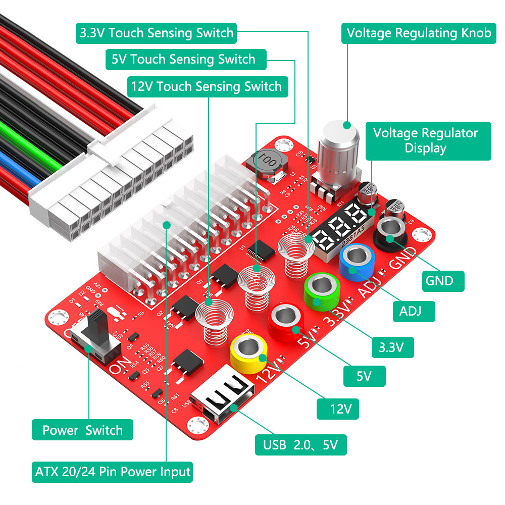 ATX Power Supply Breakout Board and Acrylic Case Kit with ADJ Adjustable Voltage Knob