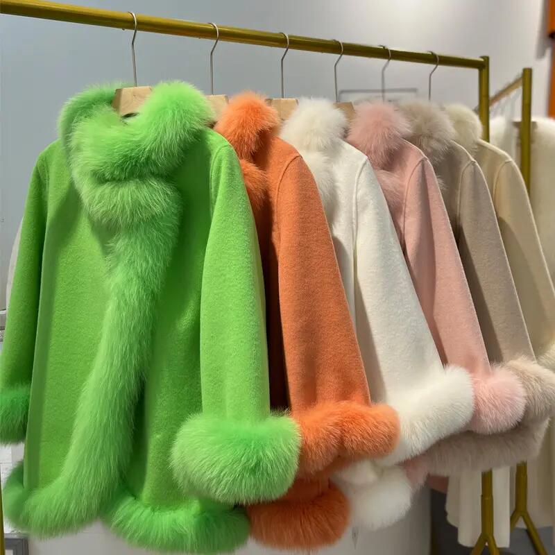 New Design Autumn Winter Warm Women Shearling MID-Length Fox Fur Coats for Ladies