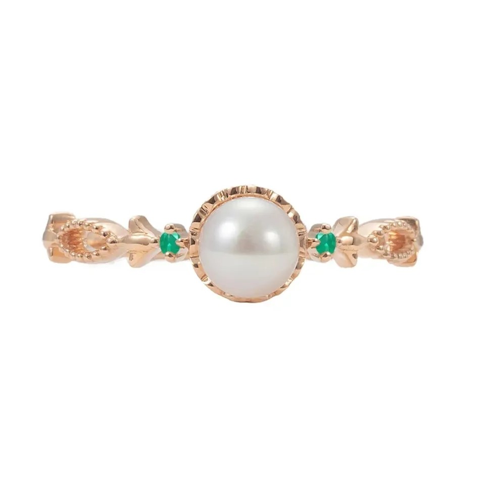 Plated Natural Freshwater Round Cut Pearl Green Emerald Vintage Engagement Ring In Sterling Silver