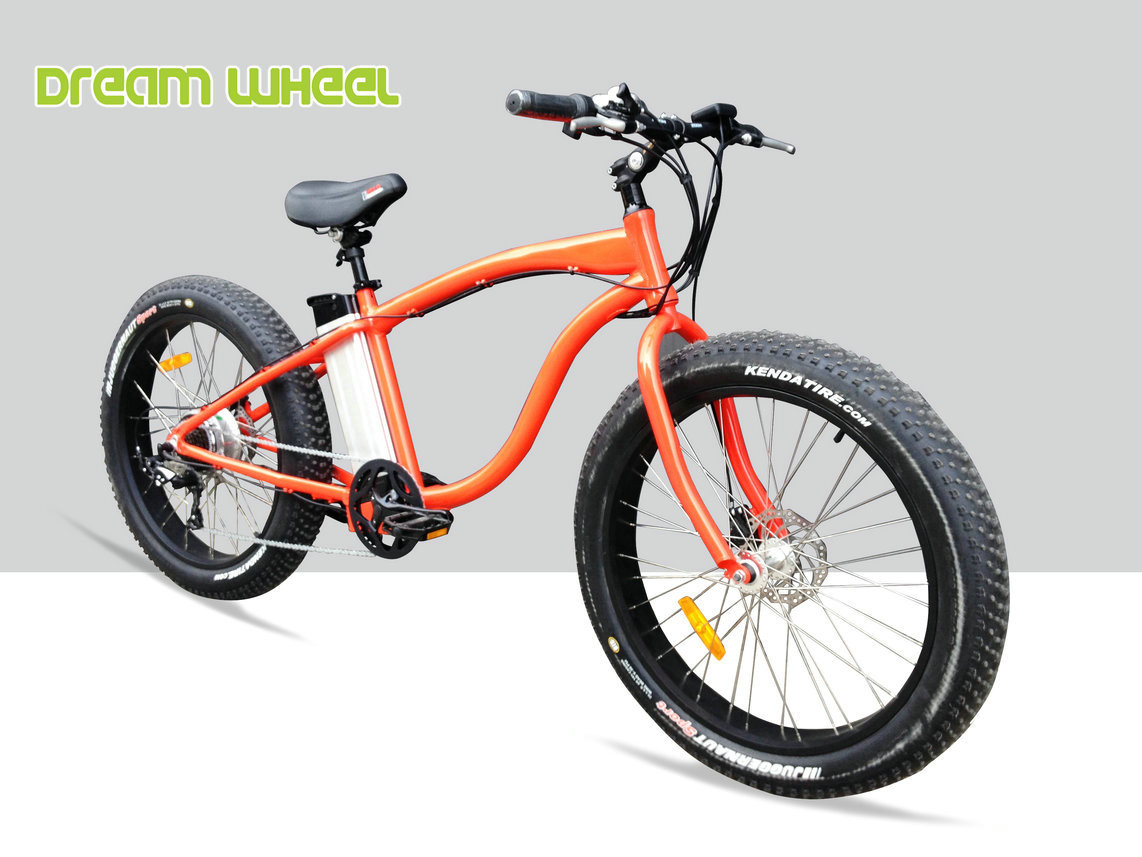 750W Electric Beach Cruiser Bikes Orange Aluminum Alloy 6061