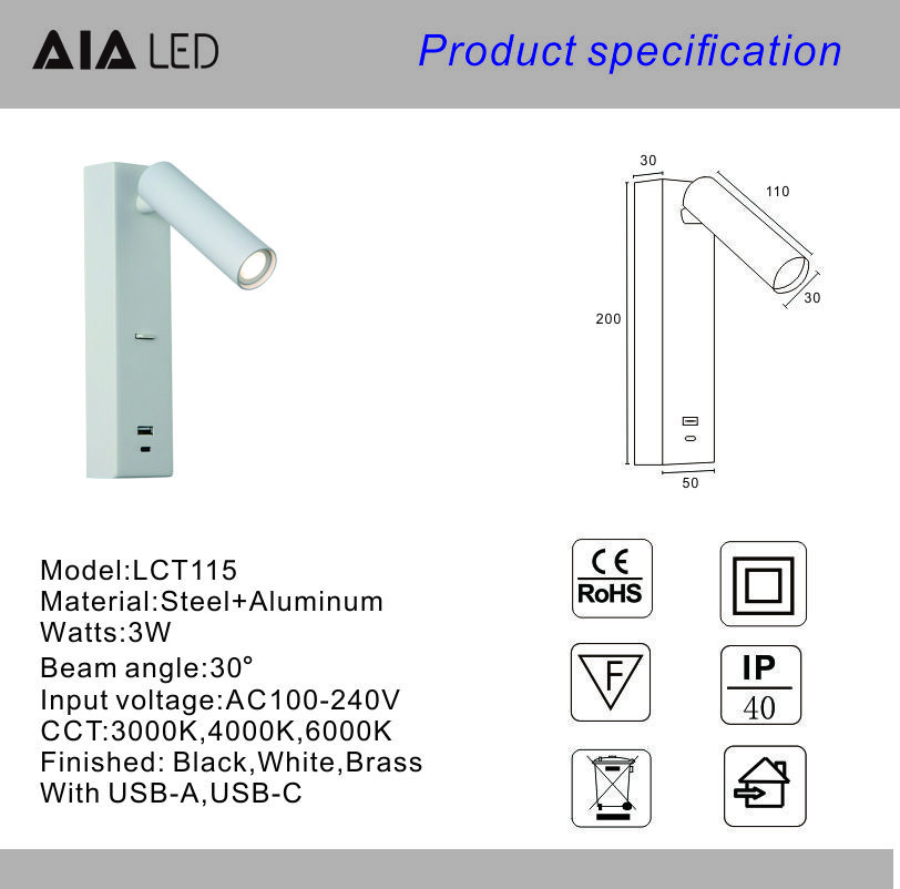 Reading wall lighting bedside led wall lamp double USB-A type-C for villa hotel headboard wall light bracket light