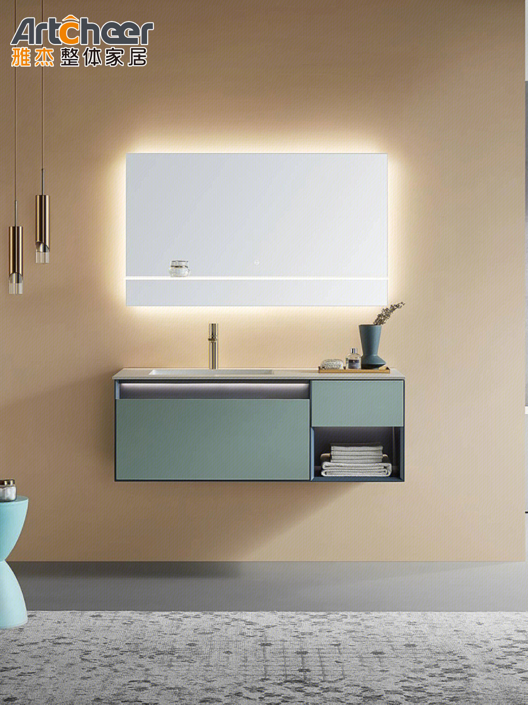 Floor Mounted Rectangle Rock Slab Basin Plywood Vanity Cabinet for Modern Bathroom