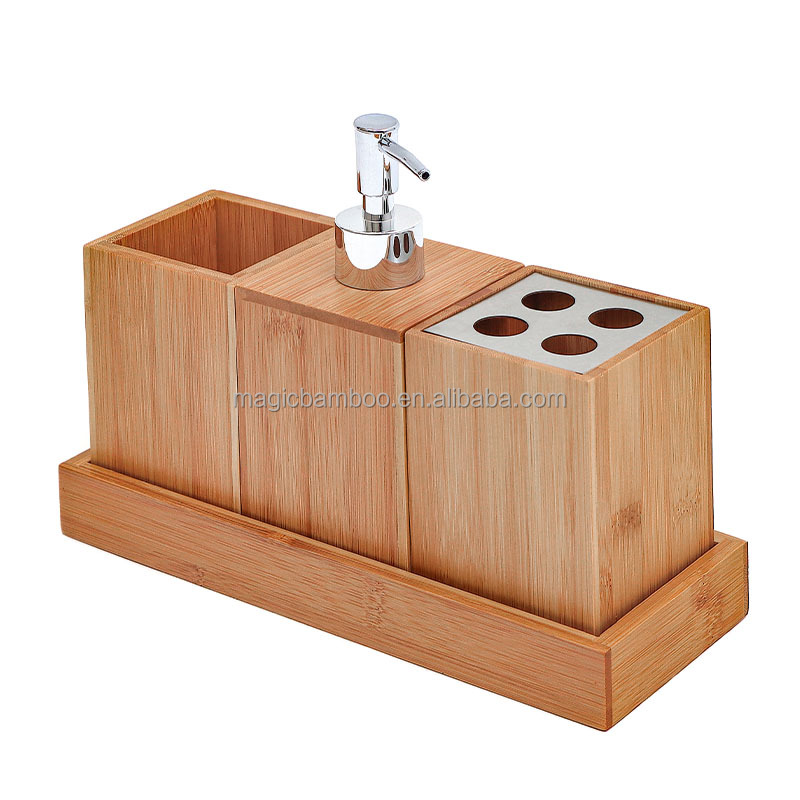 100% Natural Bamboo Sustainable Toothbrush Holder Cup Soap Dispenser Bath Set