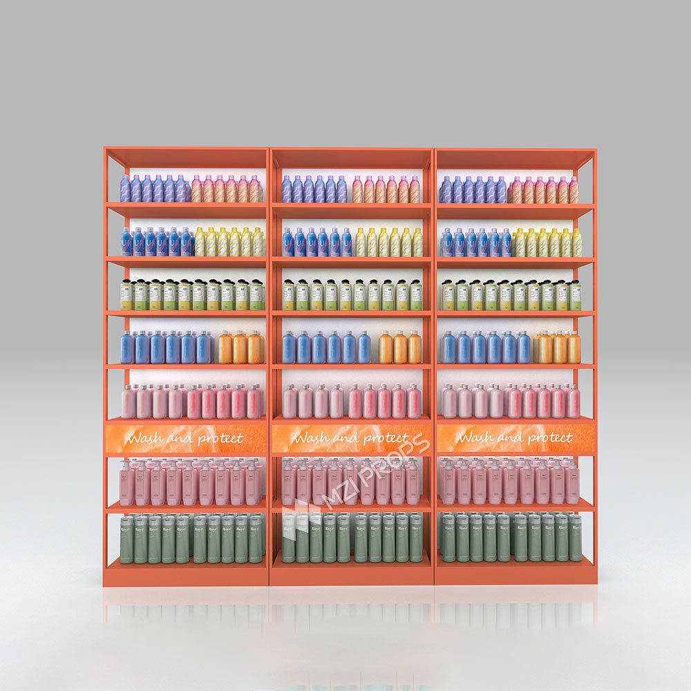 Cosmetic Cleaning and Care Product Wall Cabinet Orange Wooden Display Rack with Light-box for Retail Store Design