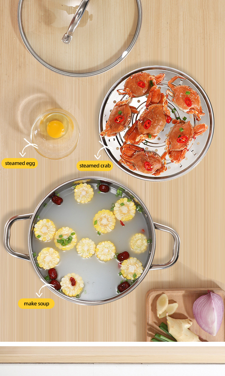 Kitchen Hot Fashion Silver Cooking Soup Pot 410 Stainless Steel Steamer Pot Induction Stock Pot With Glass Lid
