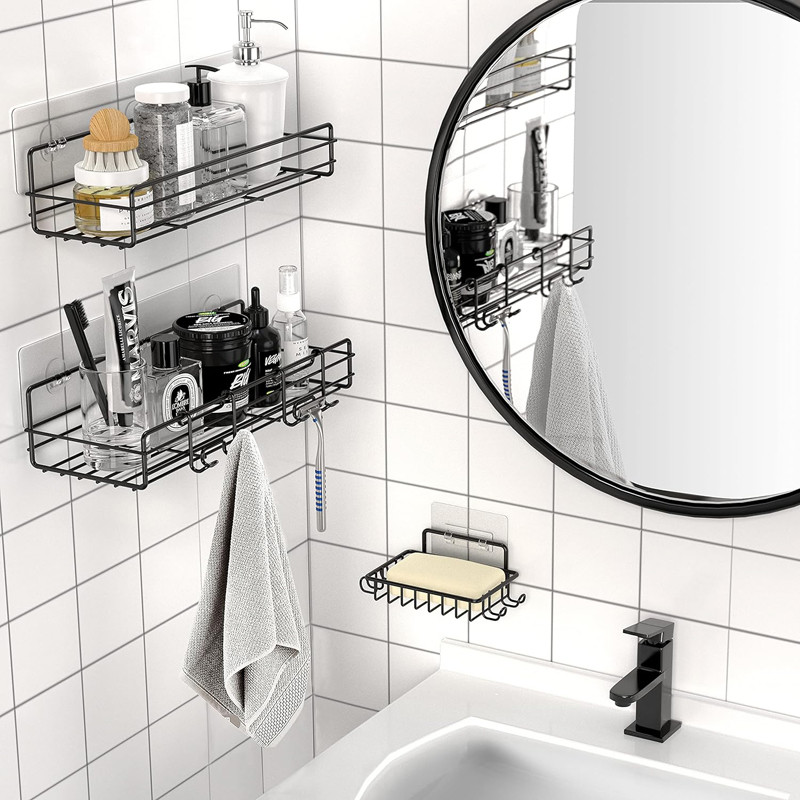No Drilling Rustproof Traceless Adhesive Shower Wall Shelves Shower Caddy Basket Shelf with Soap Holder