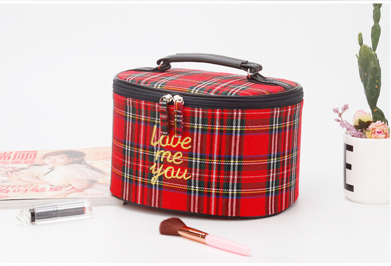 Korean Style Custom Print Logo Grid Cylinder Cosmetic Bag