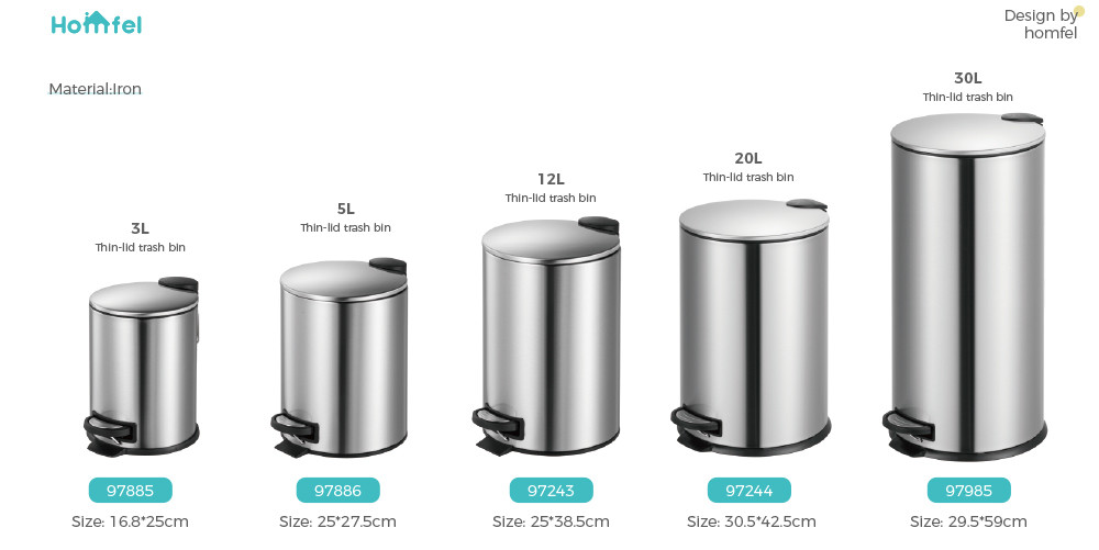 Household Foot Pedal Stainless Steel Trash Bin with Rolling Cover 3L 5L 8L 12L 20L 30L