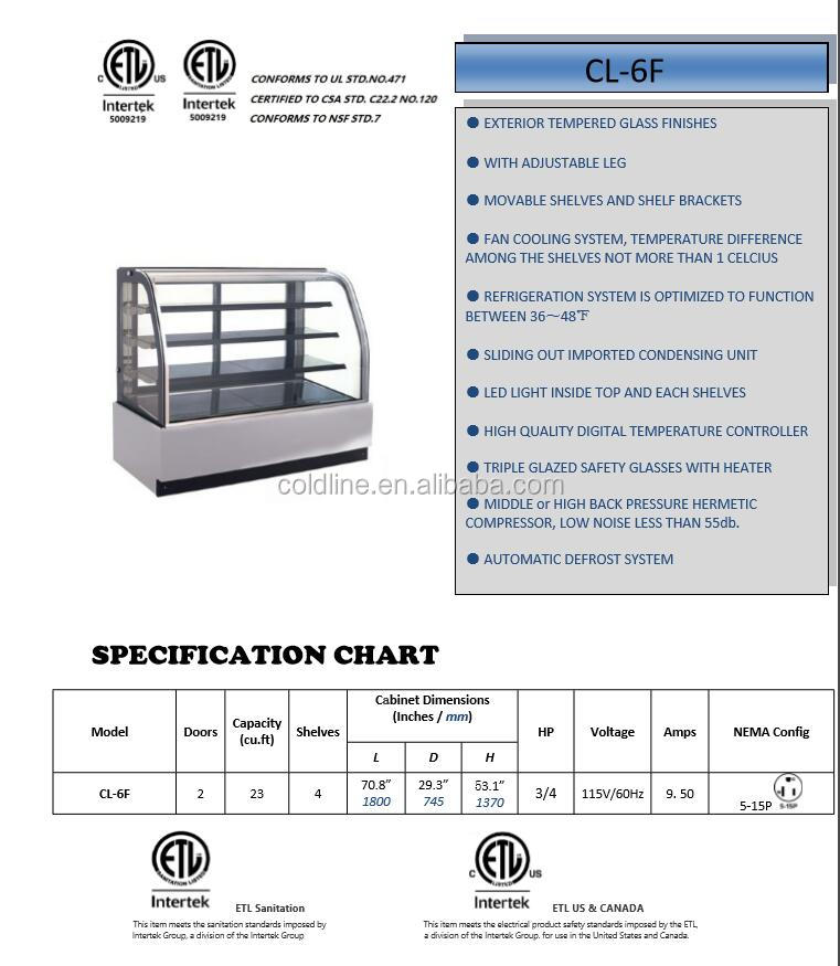front-opening flat glass cake showcase pastry cabinet with CE/ETL