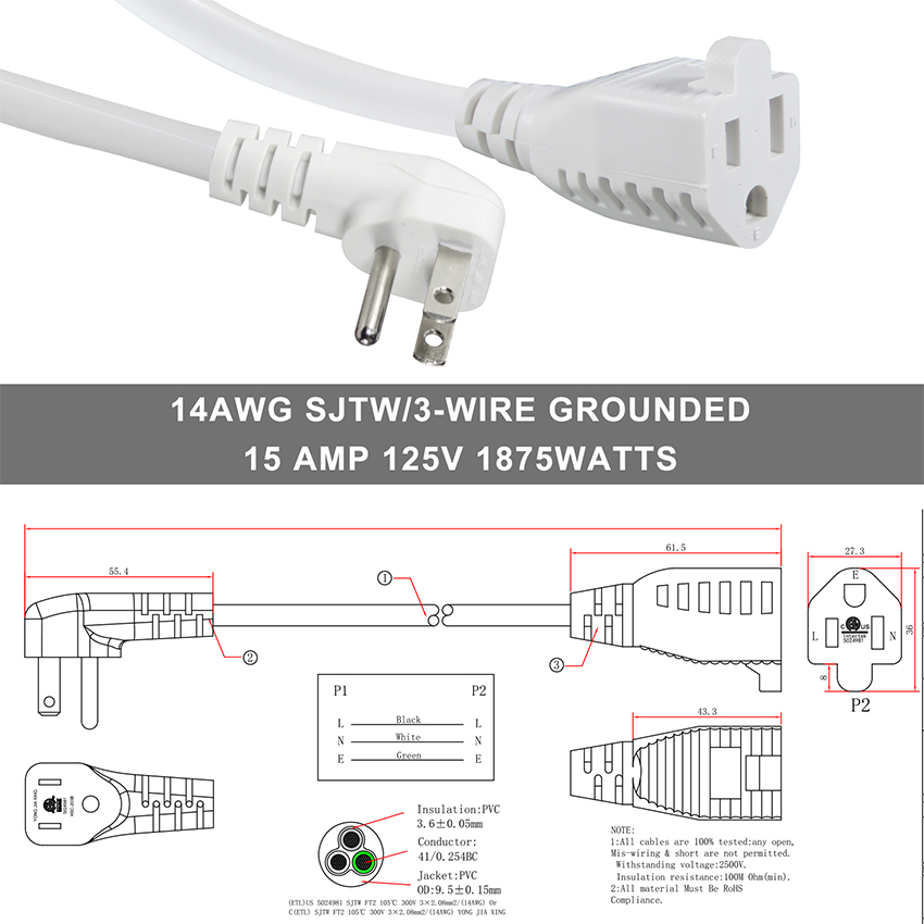 Us 5-15p To Nema 5-15r Female Plug Electric Power Cord For PC Power Supply 1FT 2FT