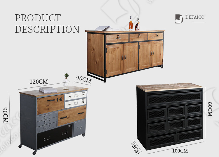 Wood Drawer Retro Shipping Container Table Iron Frame Cabinet With Casters