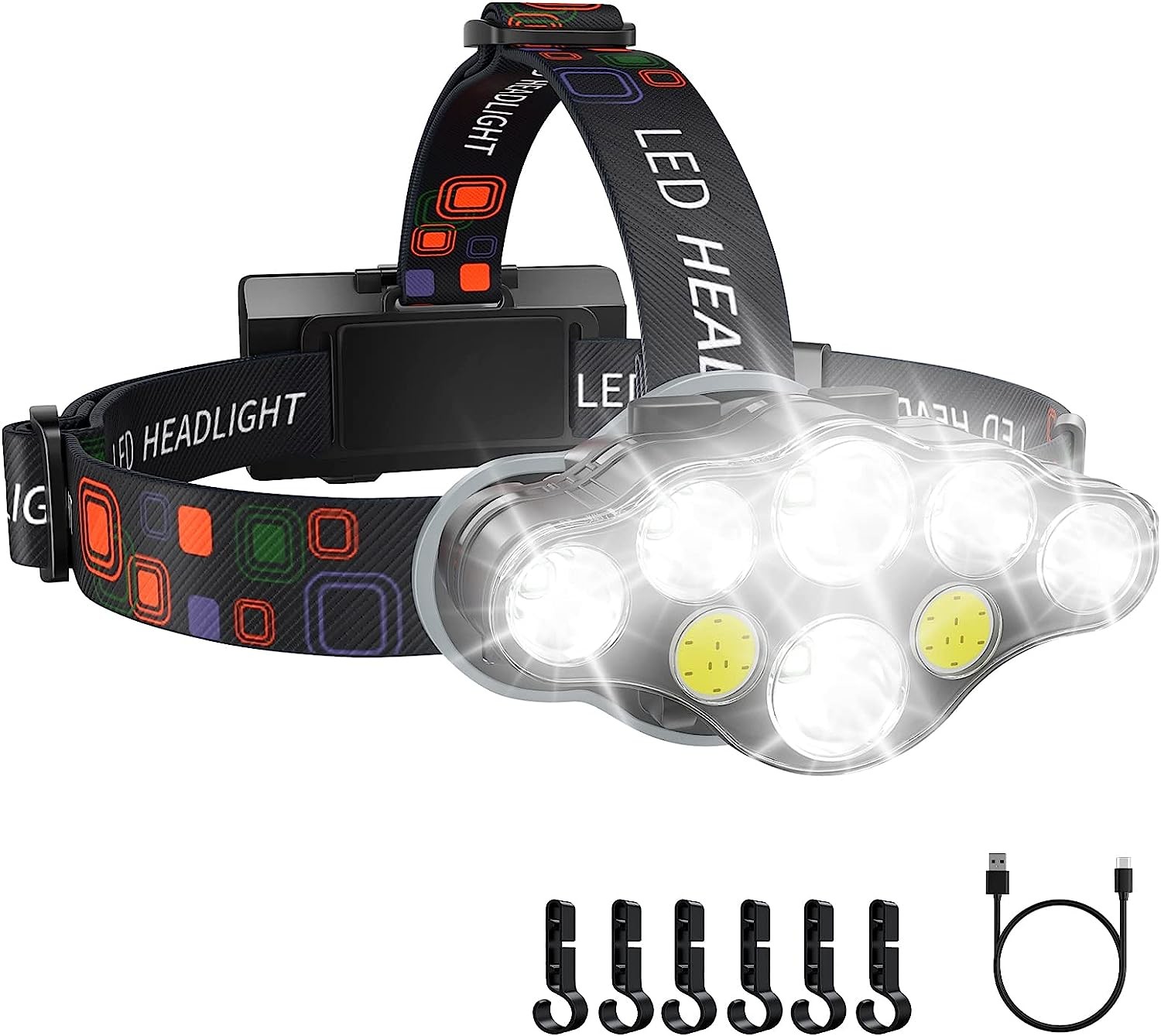 Rechargeable Headlamp, 8 LED 18000 Lumen Bright Headlamp with Red Light, IPX4 Waterproof USB Headlight, Head Lamp