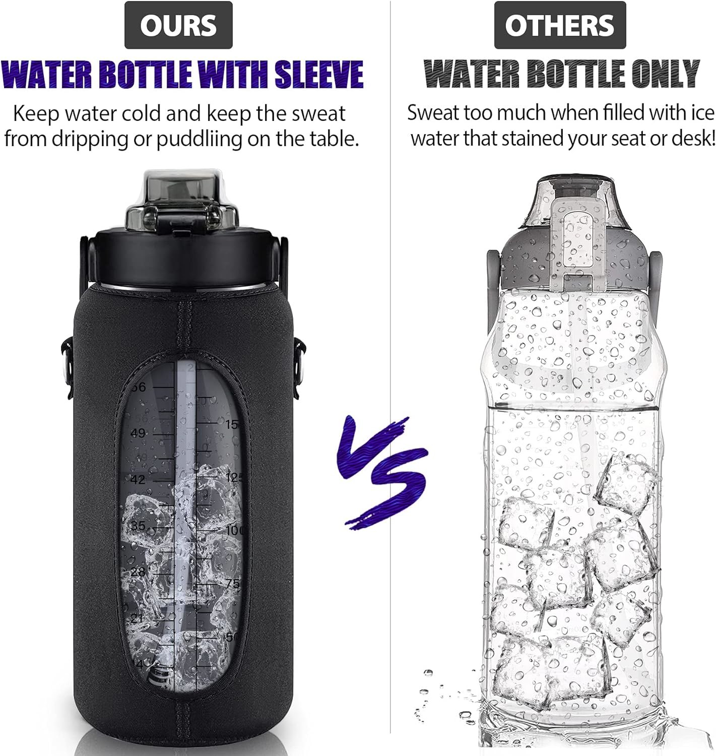 Half Gallon Water Bottle With Sleeve 64oz (2L) Inspirational Water Bottle With Straw and Time Stamp,