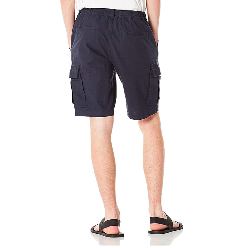 Men'S Cotton Linen Blend Cargo Shorts 9.5 Inch Inseam Shorts Drawstring Button Closure