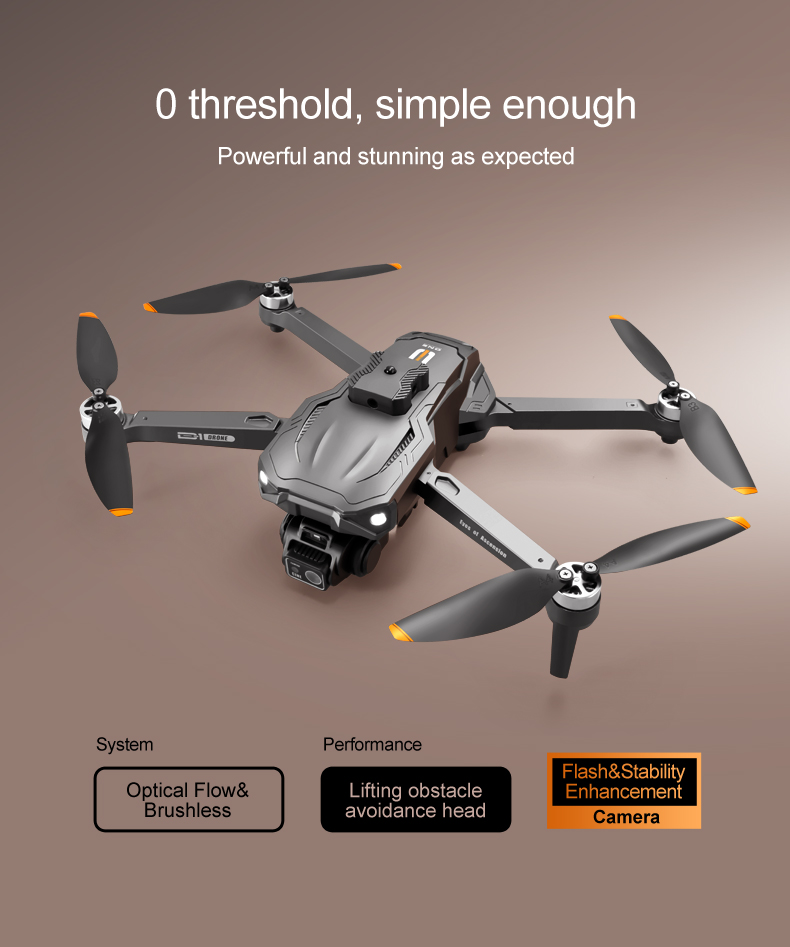 15 Minutes Maximum Flight Time Orange Quadcopter with Brushless Optical Technology and Adjustable Obstacle Avoidance