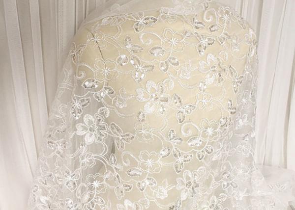 Quality White Floral Embroidery Corded Lace Fabric With Beads And Sequins For Wedding Dress for sale