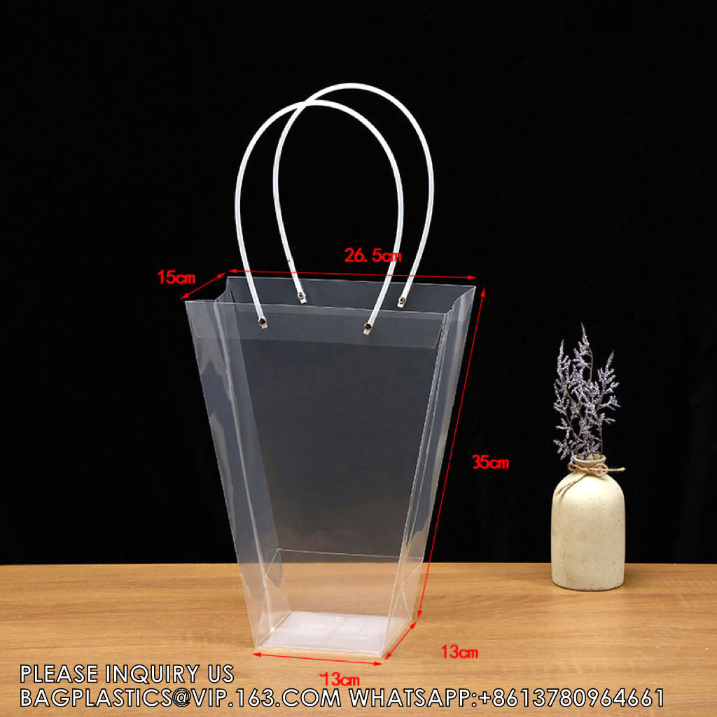 Customized Transparent Trapezoid PP Bag Plastic Clear Flower Packing Bag With Handle Floral Package Bags, Gift Pack