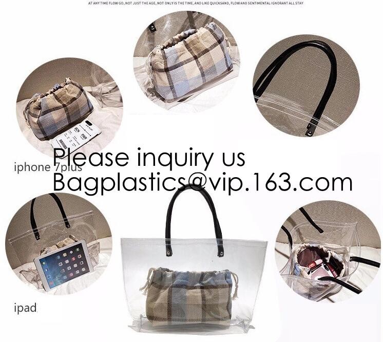 Waterproof All Over Printing PVC Coating Tote Shoulder Fabric Shopping Bag With Gusset And Lining,Jelly Clear Plastic PV