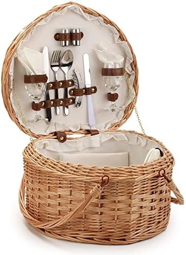 Picnic Basket for 2 Picniking Heart Shaped Empty Woven Wicker Willow Wood Hamper Backpack Box with Lid Cover Handle