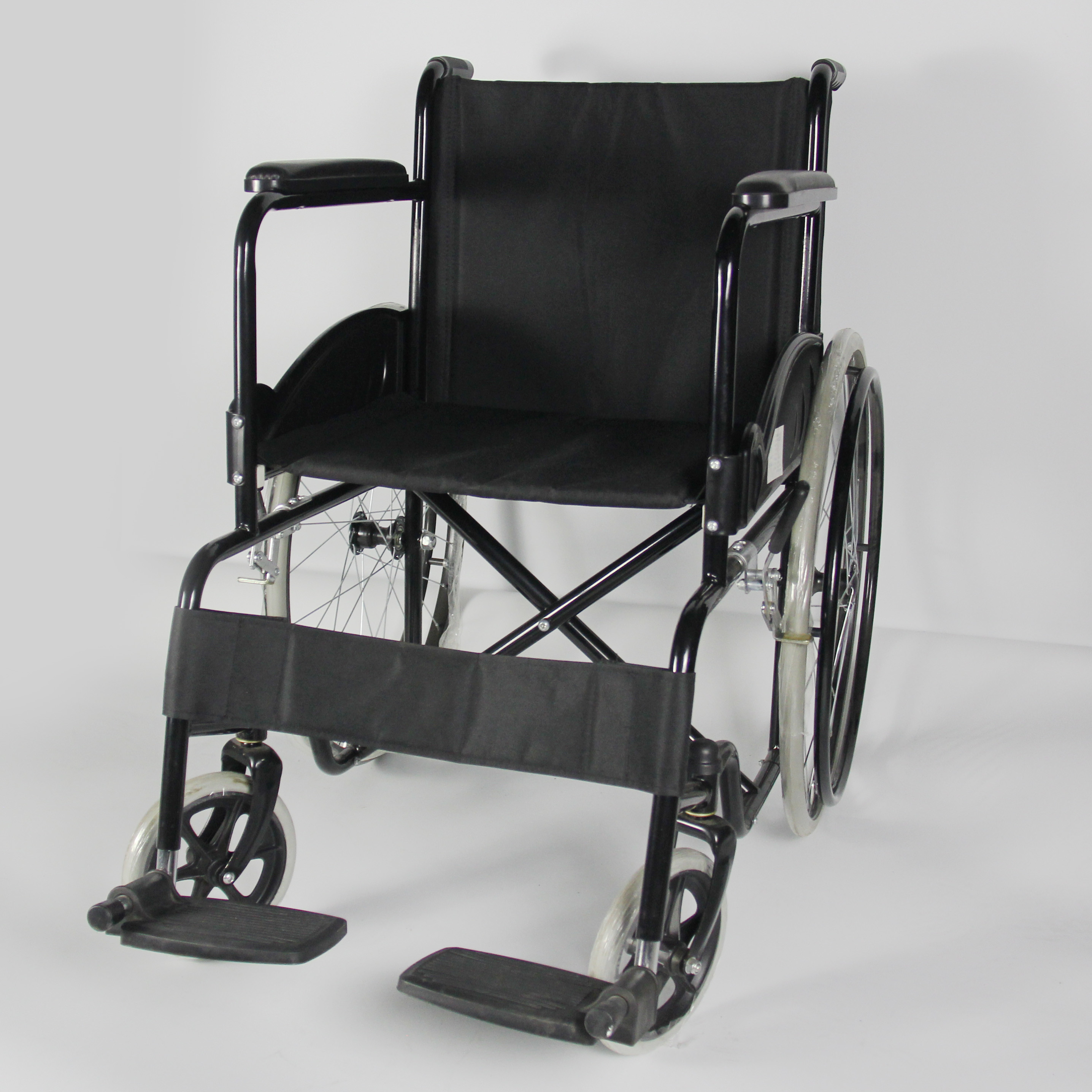 Elderly Care Folding Steel Wheelchair With Solid Castor And Rear Wheel
